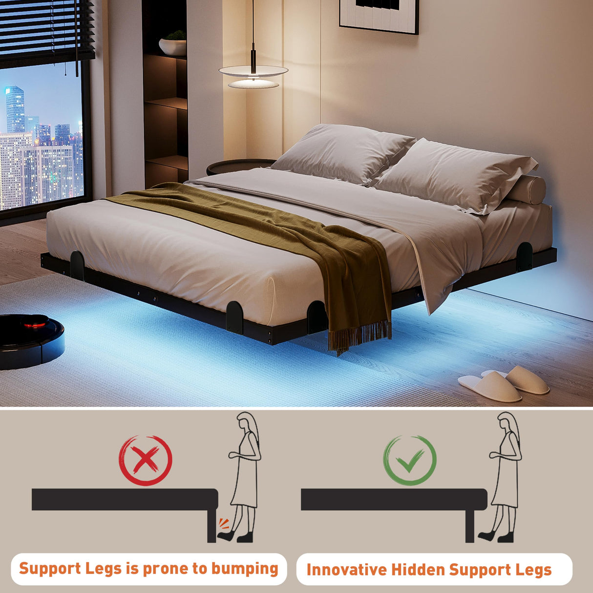 qimamo 14 Inch Floating Full Bed Frame with Smart LED Lights and Charging Station, Modern Metal Full Bed Frame, Easy to Assemble, No Box Spring Needed qimamo