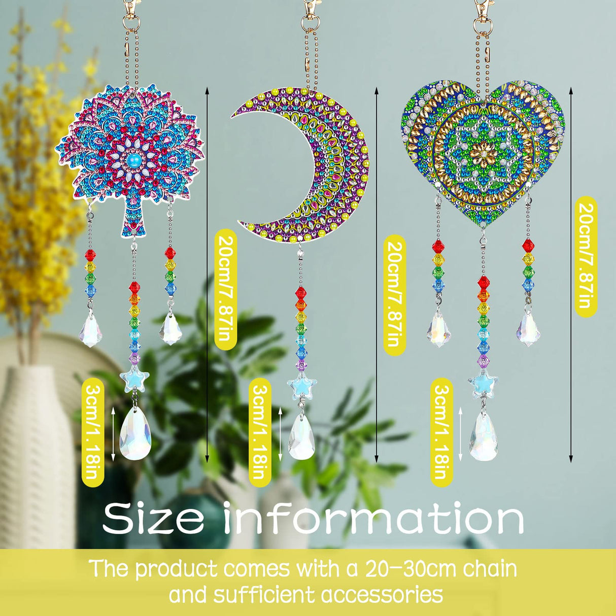 Jetec 3 Pieces Diamond Art Kits Painting Suncatcher Wind Chime Double Sided Crystal Gem Paint by Number Hanging Ornament for Adults DIY Window Home Garden(Moon, Heart, Mandala) Jetec