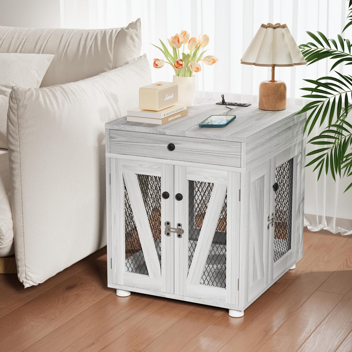 VOWNER Dog Crate Furniture, Wooden Dog Kennel End Table with USB Charging Station, Storage Drawer, Double Latched Door, Furniture-Style Crate Side Table for Small Dogs Under 25 lbs Indoor, Gray Pine VOWNER