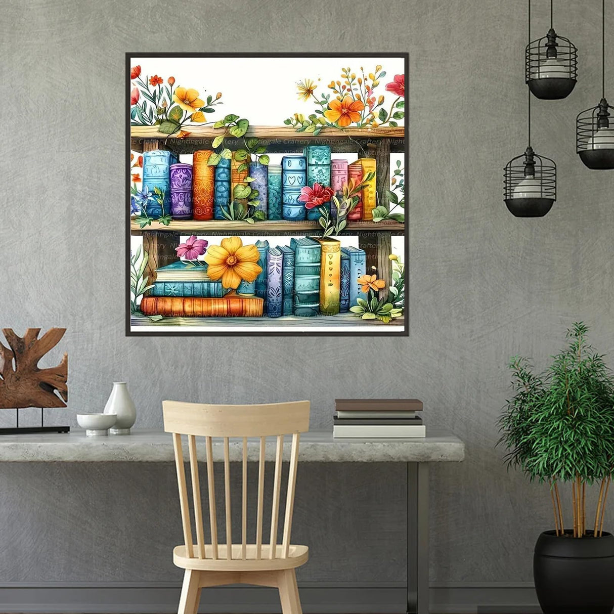 1tonine Flowers Bookshelf Diamond Art Painting Kits for Adults- 5D DIY Diamond dots for Beginners -Full Drill Round Diamond Gem Painting Kit Classroom Wall Art Decor Handmade Gift 1tonine