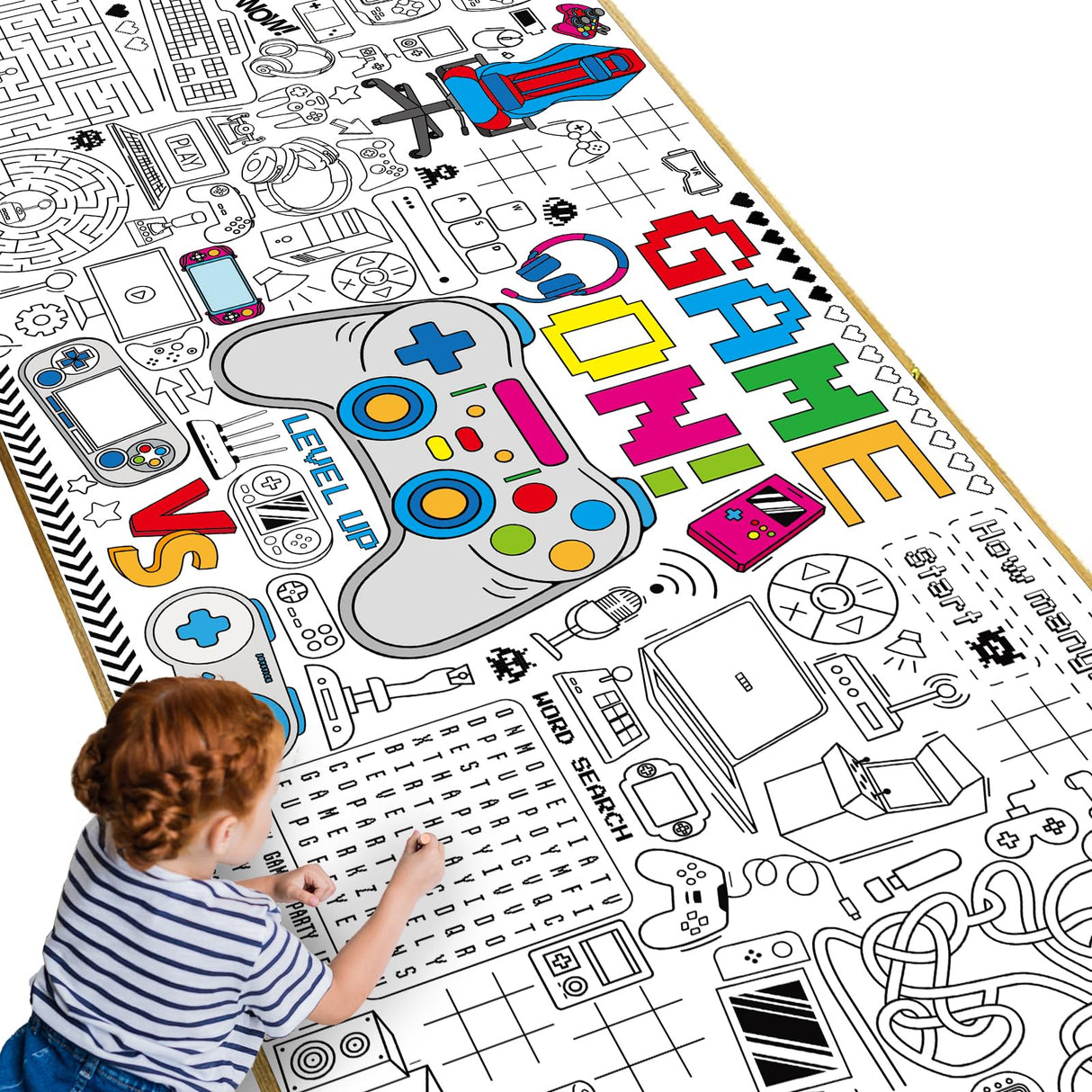 Video Game Giant Coloring Poster Large Gamer Versatile Activity Drawing Paper Coloring Tablecloth DIY Gaming Theme Game Poster Table Cover Children Art Craft Coloring Mat Home Classroom Party Suppiles Naozinebi