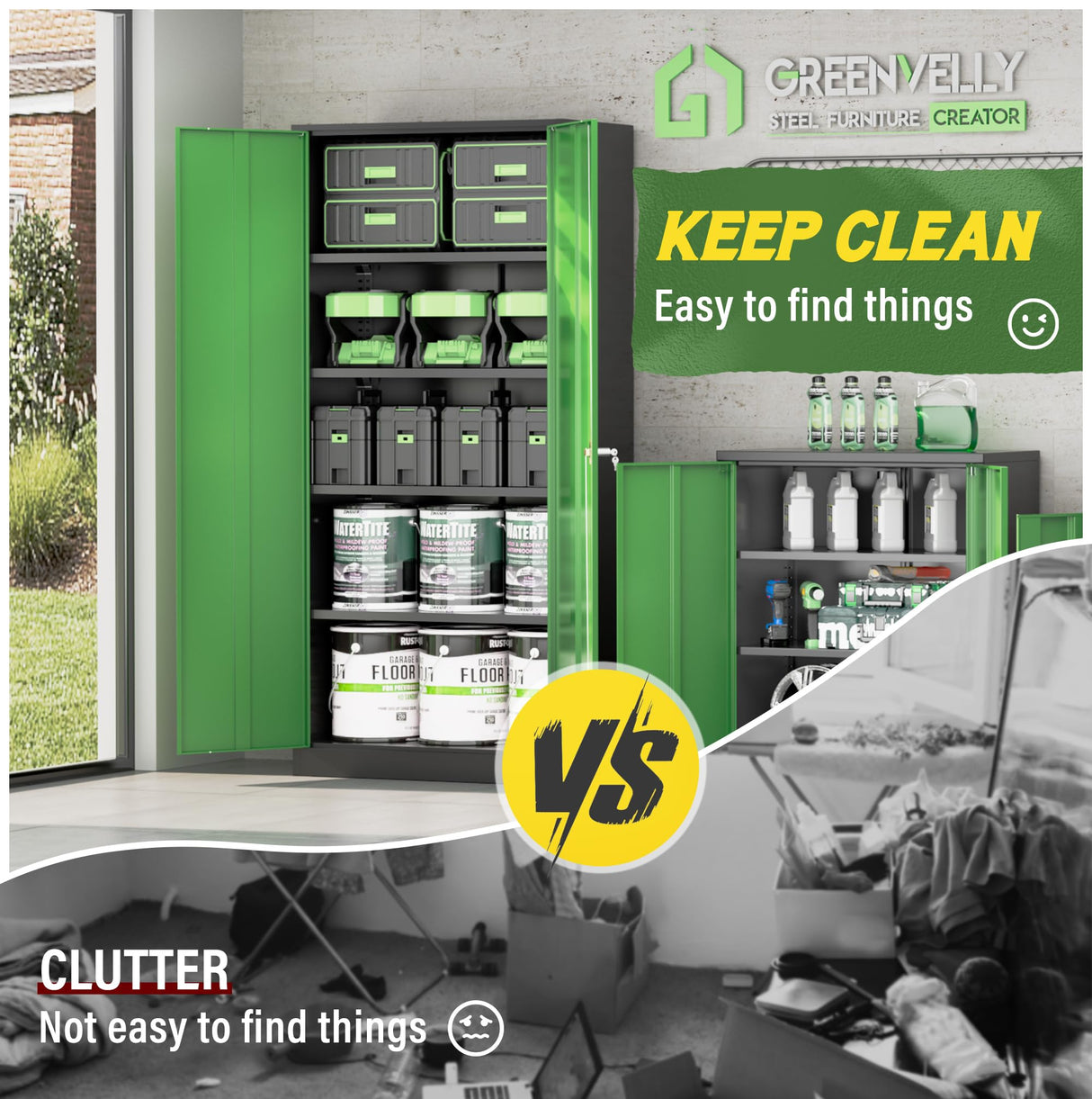 Greenvelly Metal Garage Storage Cabinet,72" Steel Locking Garage Storage Cabinet with Doors and Shelves,Metal Office Storage Cabinet for Home,School,Garage(Black Green 36" W x18 D) Greenvelly