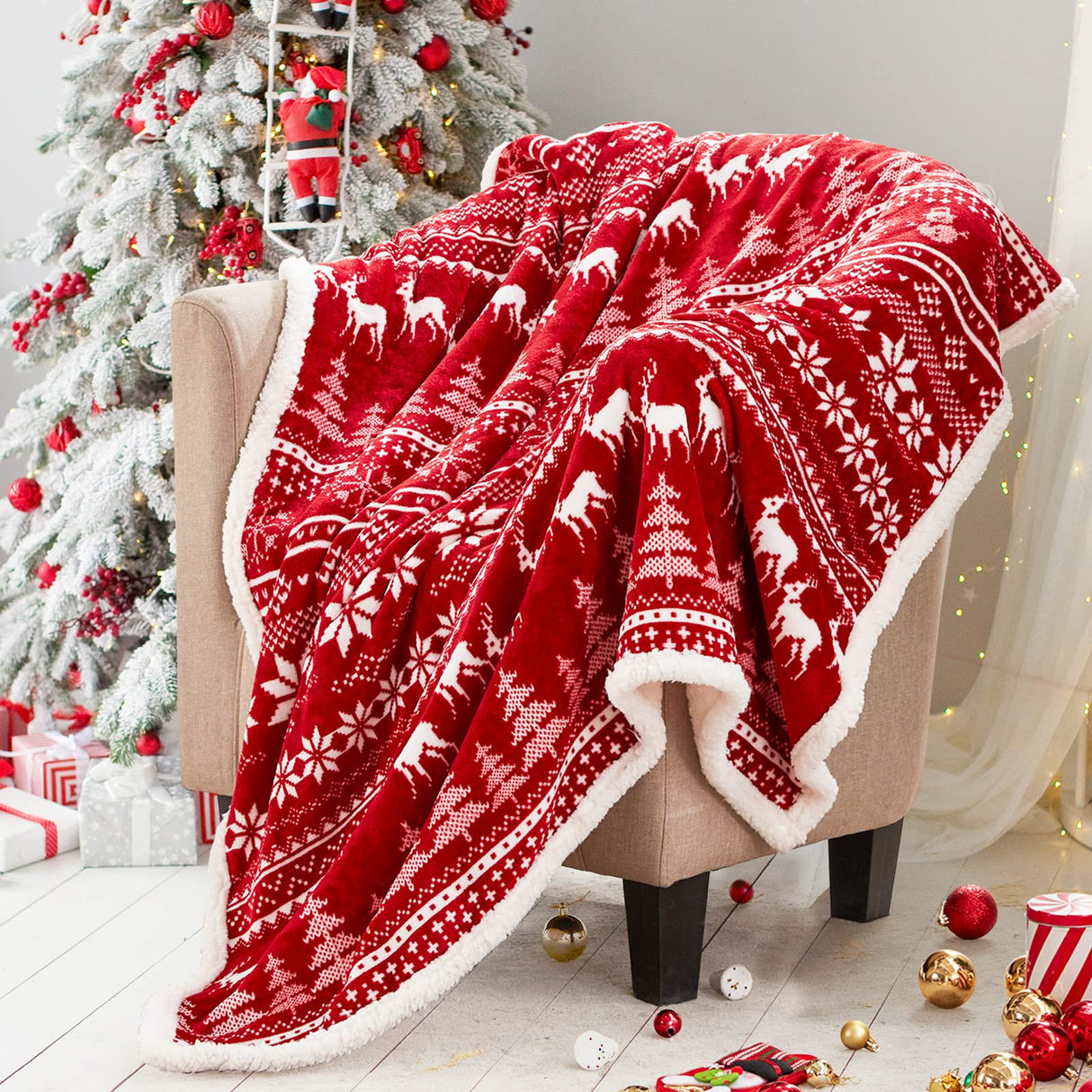 Touchat Red Sherpa Christmas Throw Blanket, Fuzzy Fluffy Soft Cozy Blanket, Fleece Flannel Plush Microfiber Blanket for Couch Bed Sofa (50" X 60", Red Reindeer) Touchat