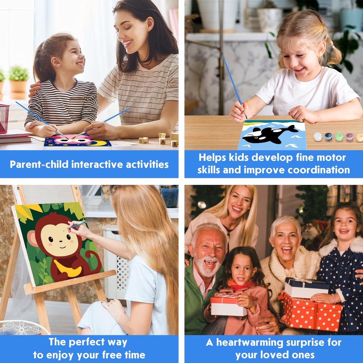 4 Pack Paint by Number for Kids with Wooden Frame, Cartoon Owl, Whale Paint by Numbers for Kids Ages 8-12, Baby Dinosaur, Monkey, DIY Acrylic Oil Painting for Beginners for Home Wall Decor 8X8 inch NEWENMO