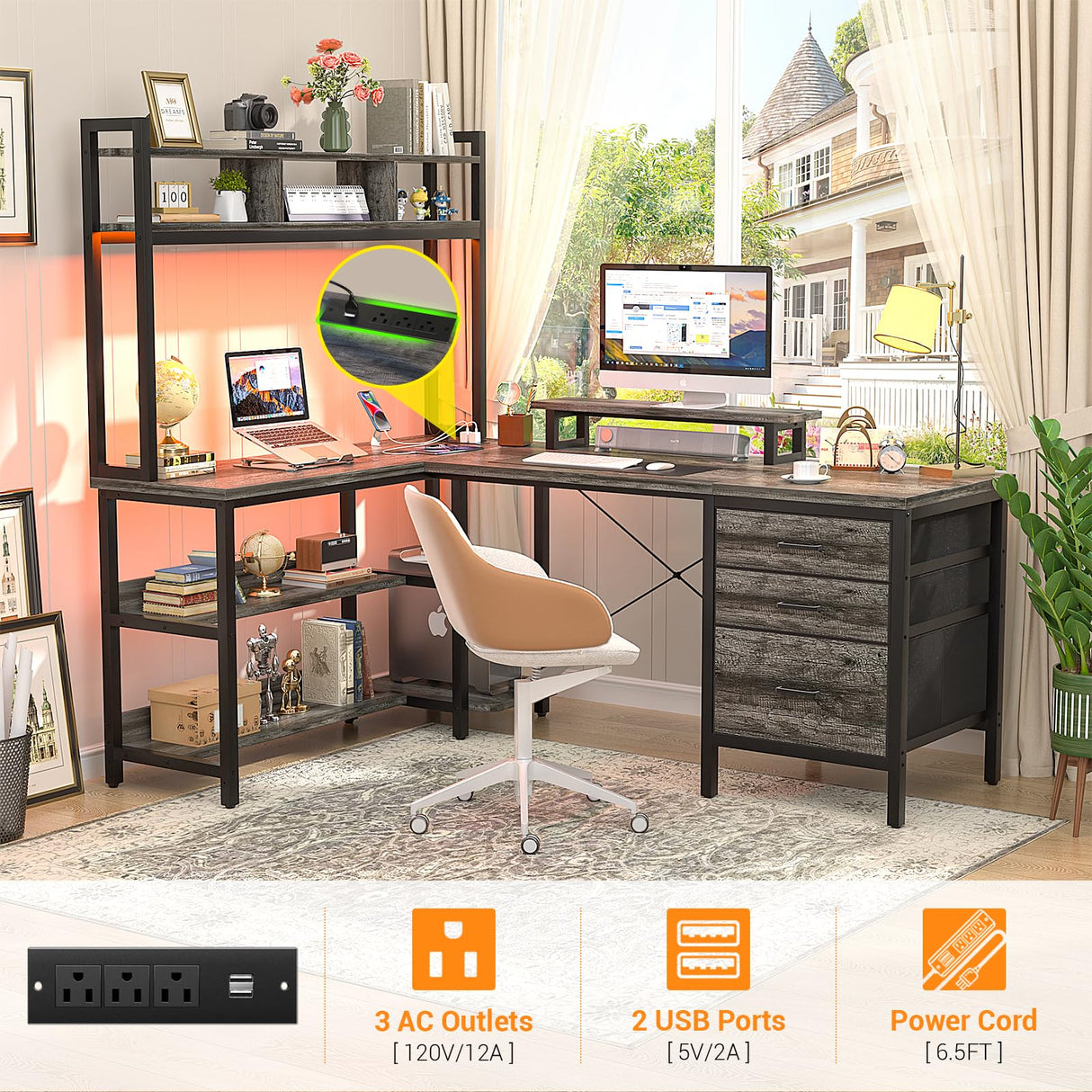 Aheaplus L Shaped Desk with Hutch, Gaming Desk with Led Lights, Reversible Computer Desk with Power Outlet, Corner Desk with File Drawer & Monitor Stand, Storage Shelves for Home Office, Black Oak Aheaplus