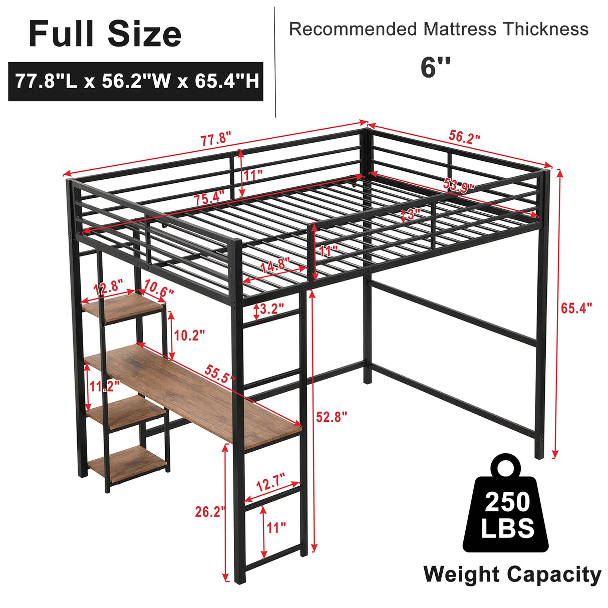 Bellemave Black Metal Loft Bed with Desk and Storage Shelves for Kids and Teens Bellemave