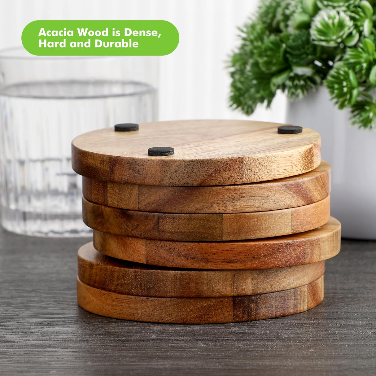 Acacia Wood Coasters for Drinks with Lip, Round Drink Coasters with Holder for Coffee Table Dining Table Wooden Table Coasters for Farmhouse Desk, Set of 6 WLWNWFT