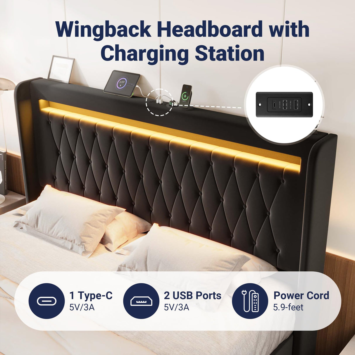 Allewie Upholstered King Size Platform Bed Frame with LED Light and Charging Station, Button Tufted High Headboard, Wingback Design, Noise Free, Easy Assembly, No Box Spring Needed, Black Allewie