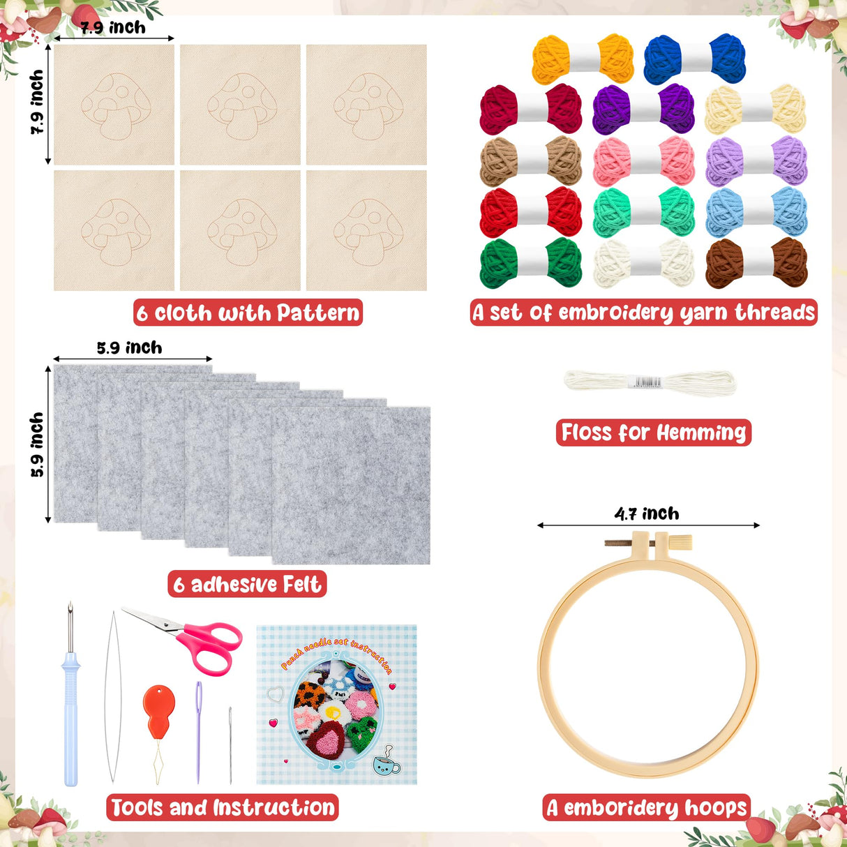 WATINC Mushroom Punch Needle Coaster Kit - 22Pcs Easy Art Work Decor Coasters Kits for Beginners, DIY Set of 6 Mushroom Pattern Tufted Rug Pads with Adhesive Felt Yarns Embroidery Hoop Instruction WATINC