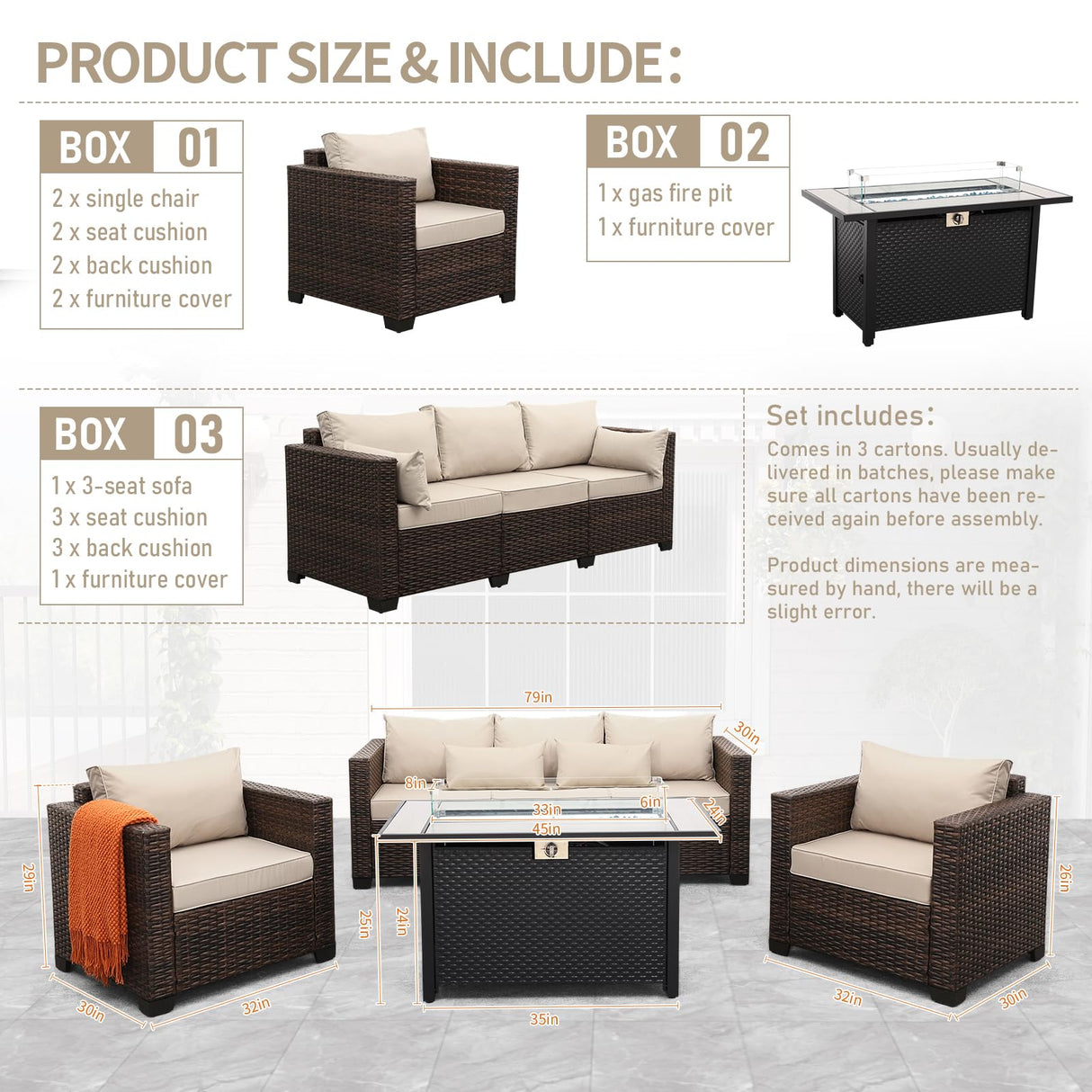 4 Pieces Outdoor Patio Furniture Set 43 in Outdoor Fire Pits Wicker Outdoor Furniture Chairs and Sofa 60000 BTU Outdoor Propane Fire Pit Table Non-Slip Cushions and Waterproof Covers, Khaki Oasishine