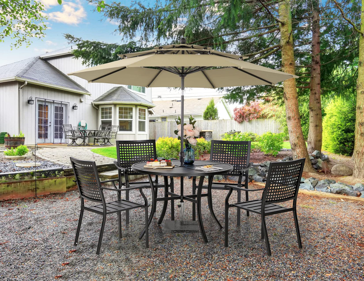 PHI VILLA 5-Piece Patio Dining Set for 4 with 10ft Umbrella, Metal Circle Table & Wrought Iron Stackable Chairs, 3-Tier Vented Beige Umbrella PHI VILLA
