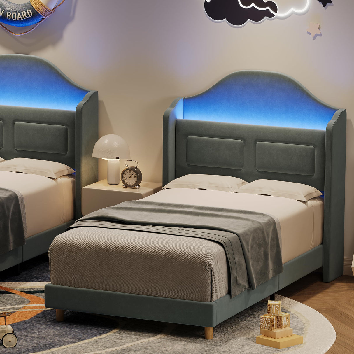 GarveeHome Upholstered Twin Bed Frame with LED Lights, Velvet Platform Bed Frame with Wing Back Storage Headboard, Wood Slats Support, No Box Spring Needed, Easy Assembly, Blue GarveeHome