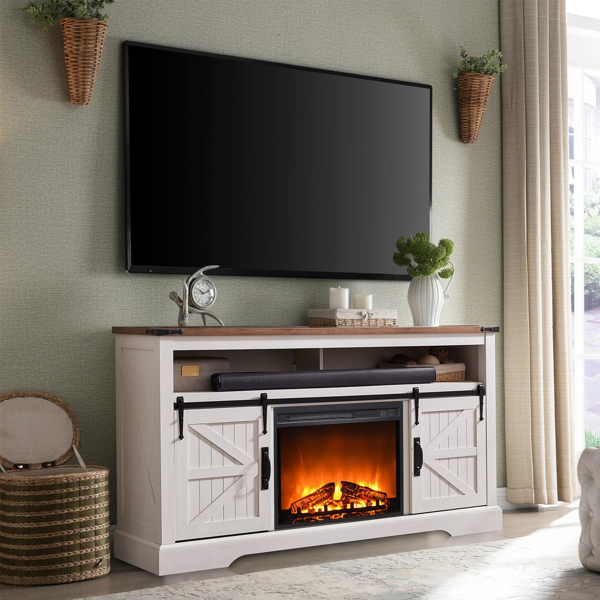 OKD Fireplace TV Stand for 65+ Inch TV, 33" Tall Highboy Farmhouse Entertainment Center w/ 23'' Electric Fireplace, Rustic Media Console w/Sliding Barn Door for Living Room, Antique White OKD