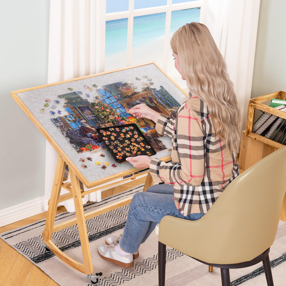 Lavievert 1500 Piece Jigsaw Puzzle Table with Legs & Cover, Adjustable Wooden Puzzle Board Easel with Storage Shelf, Portable Tilting Puzzle Table with 4 Rolling Wheels for Adults LAVIEVERT