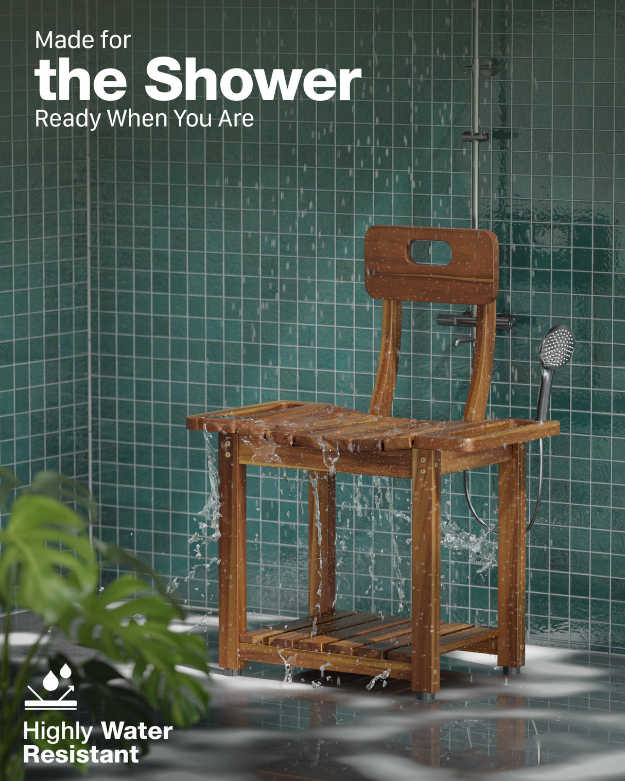 BLUEWEST 23.4'' Shower Chair with Backrest Bath Chair for Inside Shower or Tub, Heavy Duty 450 lbs Support, Non-Slip Feet, Shelf Storage, Built-in Handles for Elderly or Adults (Acacia) BLUEWEST