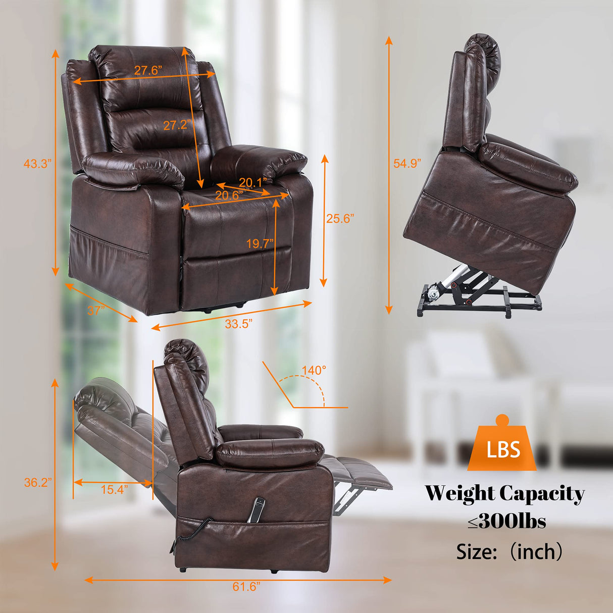 S*MAX Lift Chairs Recliners for Elderly Power Recliner Chairs Full Air Leather Electric Recliner Chairs Side Pockets USB Charge Port and Remote Control Power Lift Recliners Brown S*MAX