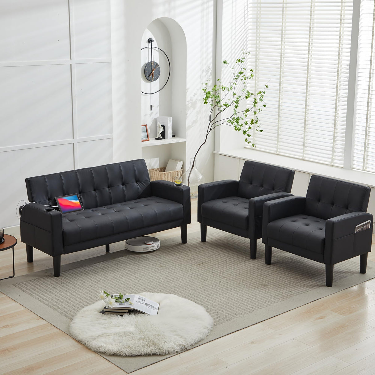 TYBOATLE Sofa Couch 62" W Loveseat w/ 2 USB Charger Ports & 2 Cupholders, Mid-Century Modern Tufted Small Love Seat Couches for Office, Living Room,Bedroom,Apartment,Dorm (3, Black) TYBOATLE