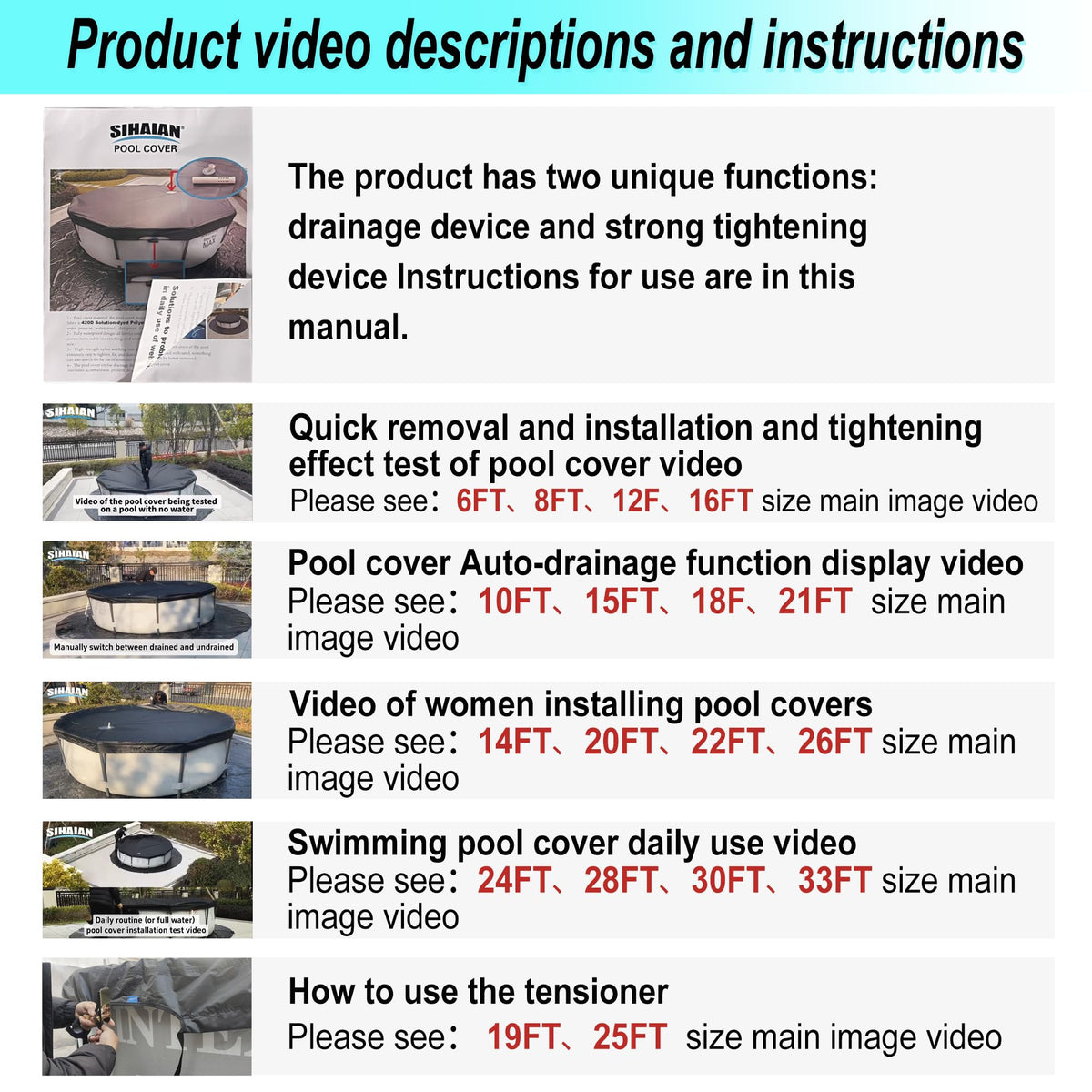 SIHAIAN 20 Ft Pool Cover, with Automatic Drain Round Pool Cover, One-Piece Quick Installation and Removal Above Ground Pool Cover, Preventing Waterlogging, UV Protected Solar Swimming Pool Cover SIHAIAN