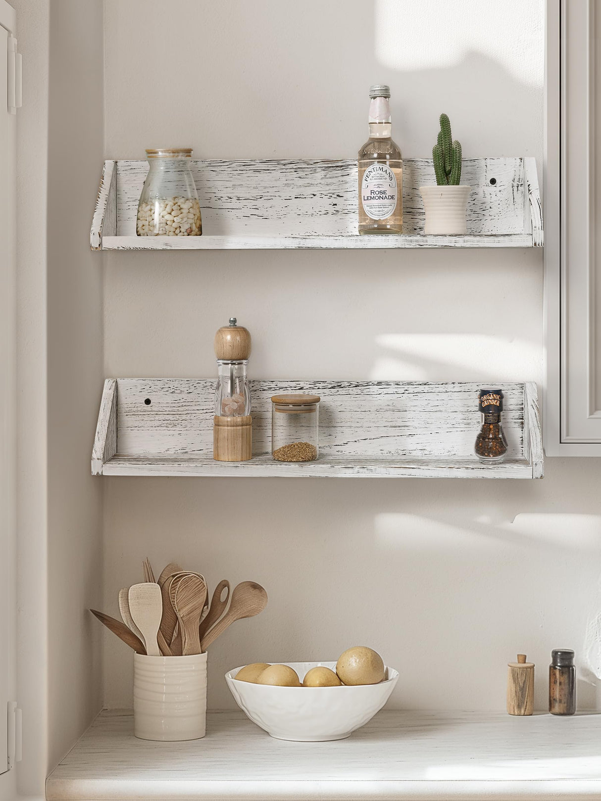 Gronda Kitchen Floating Shelves for Wall, Shabby Chic Wood Farmhouse Wall Mounted Shelf 2-Pack 24 Inches Whitewashed Shelves Hanging for Wall Gronda