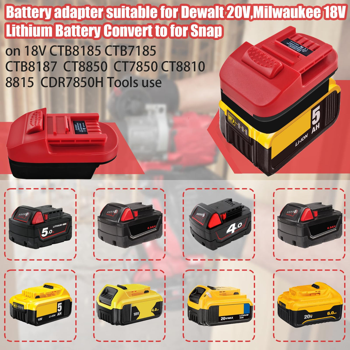 Battery Adapter for Snap on 18V,for Dewalt 20V 60V &for Milwaukee 18V Lithium Battery Convert to for Snap on 18V CTB8185 CTB7185 CTB8187 Battery Converter,Power for Snap on 18V Cordless Tools EID