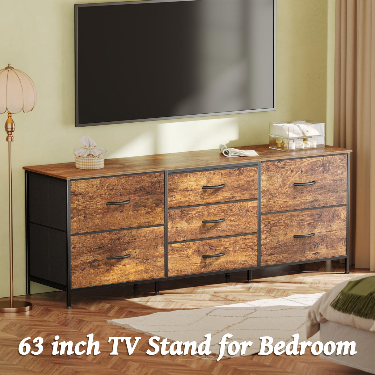 Huuger Dresser for Bedroom, 63 Inch TV Stand for 55, 65, 70 Inch TV, Long Fabric Dresser with 7 Drawers, Chest of Drawers for Storage, Closet, Clothing, Rustic Brown Huuger