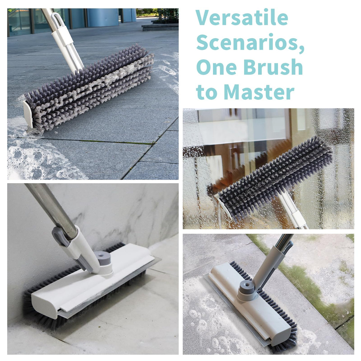 AIR U+ Floor Scrub Brush with Long Handle, 3 in 1 Scrape and Heavy-Duty Stiff Bristle Scrubber Brush for Cleaning Shower Bathroom, Patio, Garage, Kitchen, Wall and Deck AIR U+