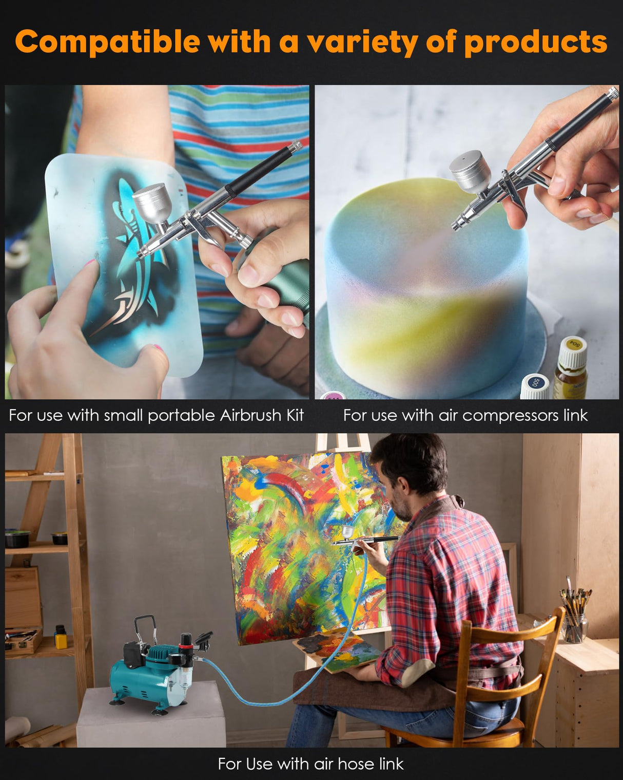 Airbrush Kit, Airbrush Gun Dual-Action Gravity with 0.2, 0.4 & 0.5mm Needle/Cleaning Sets, Air Brush with 2 1/3 oz Fluid Cup for Painting, Modeling, Cake Decor, Pastry, Makeup, Nail Art etc. Rexley