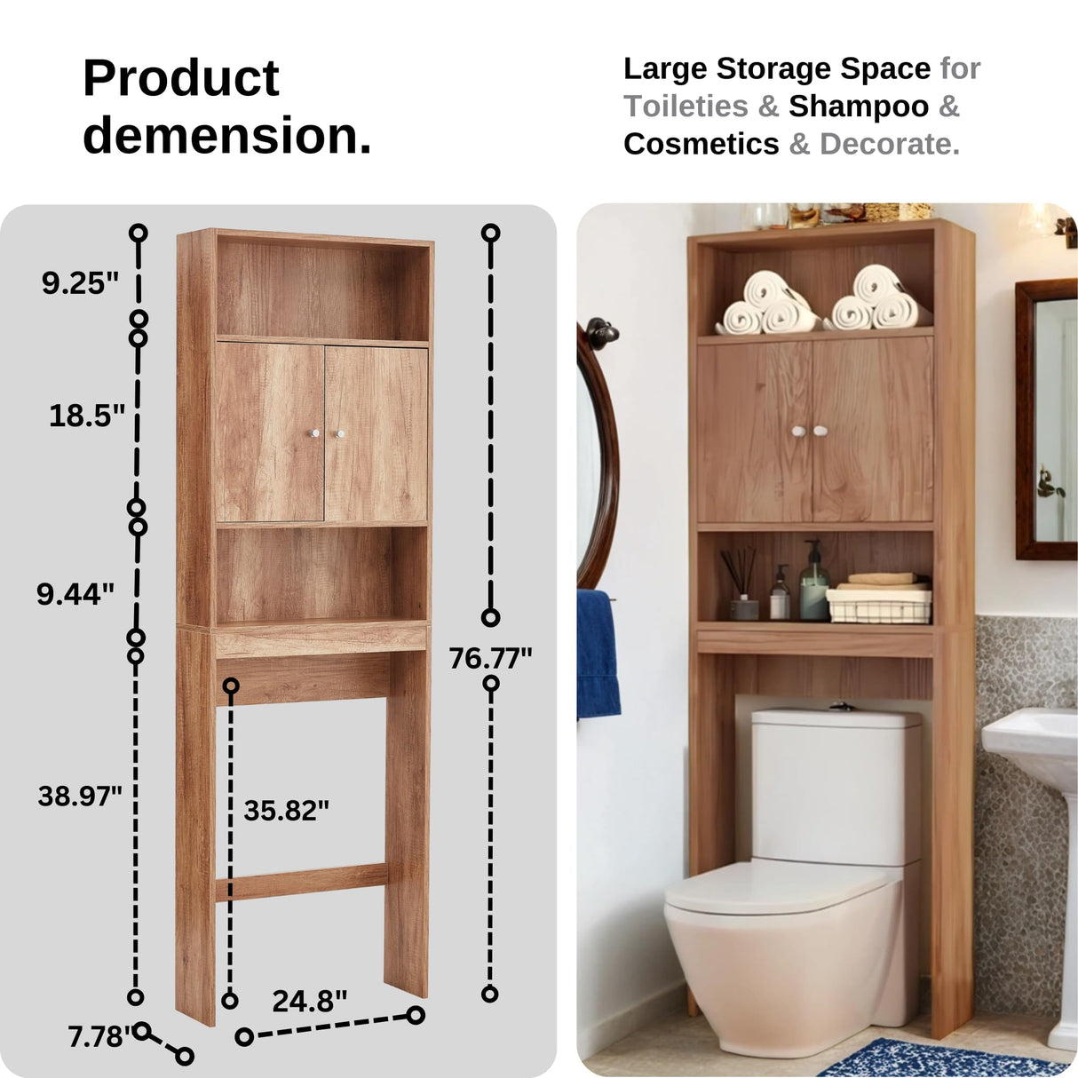 Tydaris Over The Toilet Storage Cabinet - Wood Over Toilet Bathroom Cabinet with Adjustable Shelf and Double Doors, Bathroom Space Saver Organizer, Taller Free Standing Toilet Rack, Brown Tydaris