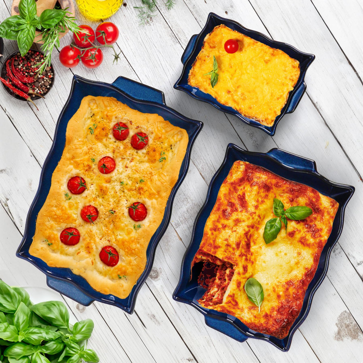 Peohud 3 Pack Casserole Dishes for Oven, Ceramic Baking Dishes with Handles, Heavy Duty Rectangular Lasagna Pan, Porcelain Bakeware Sets for Cooking, Cake Dinner, Kitchen, Blue Peohud