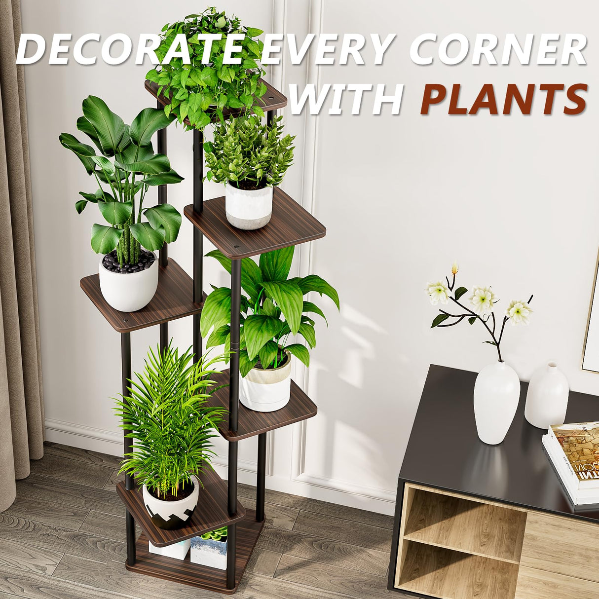 AZERPIAN Plant Stand 6 Tier Indoor Metal Flower Shelf for Multiple Plants Corner Tall Flower Holders for Patio Garden Living Room Balcony Bedroom, Black Oak AZERPIAN