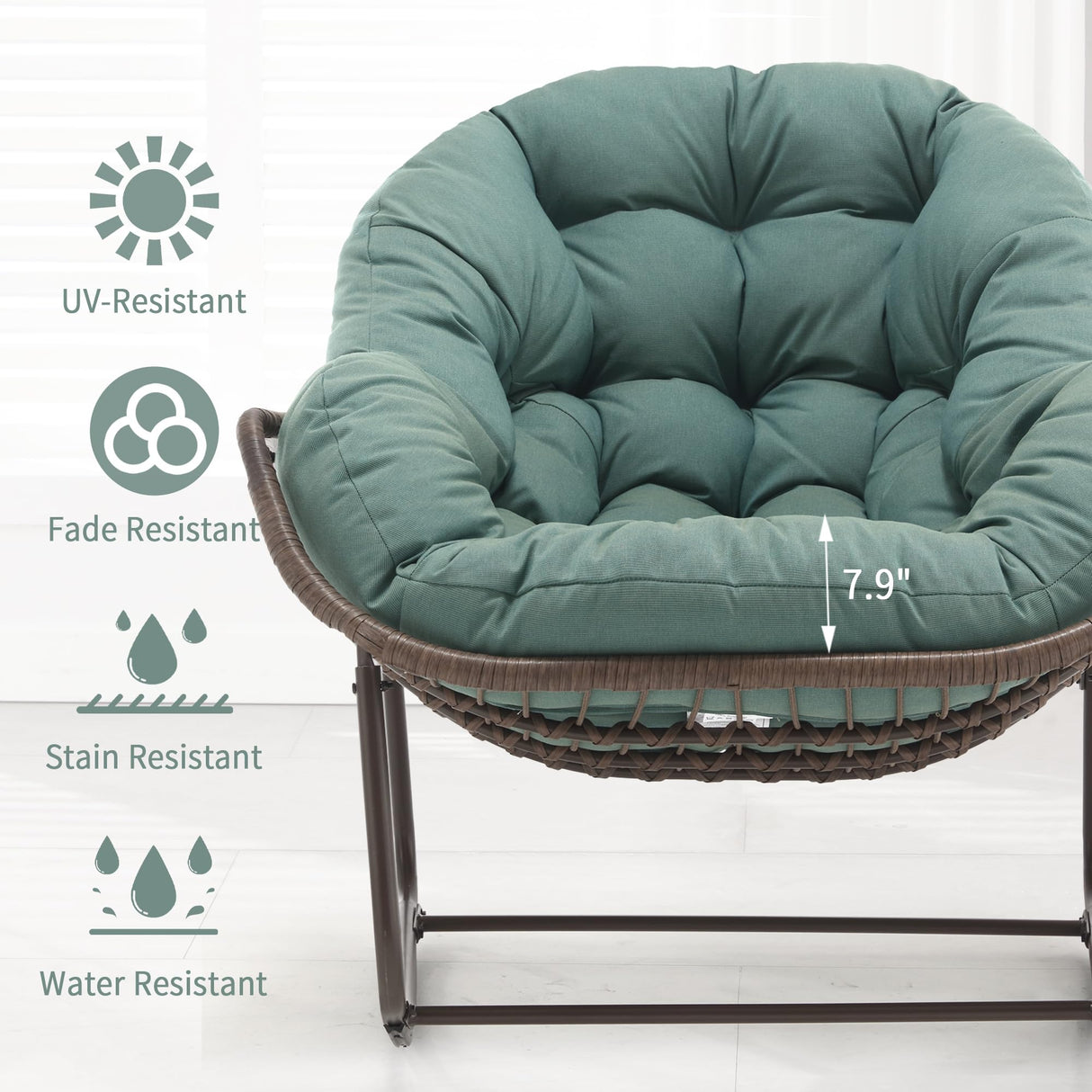 Villeston Outdoor Papasan Rocking Chair - Oversized Comfy Patio Chair Indoor Egg Royal Rattan Rocking Chair with Cushion for Front Porch Lounge Lawn Bedroom Living Room (Grass Green) Villeston