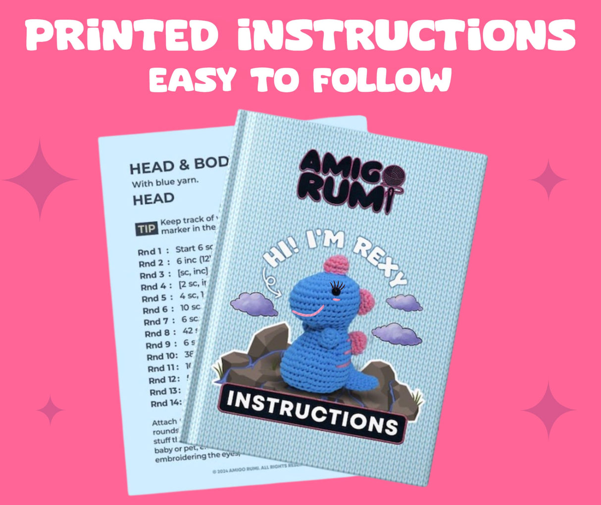 Amigo Rumi Cute Dinosaur Beginners Crochet Kit - Learn How to Crochet Starter Kit - 3+ Hours of Video Tutorials & Crocheting Book - Easy to See Yarn - Amigurumi Stuffed Animal for Kids 12+ & Adults Amigo Rumi