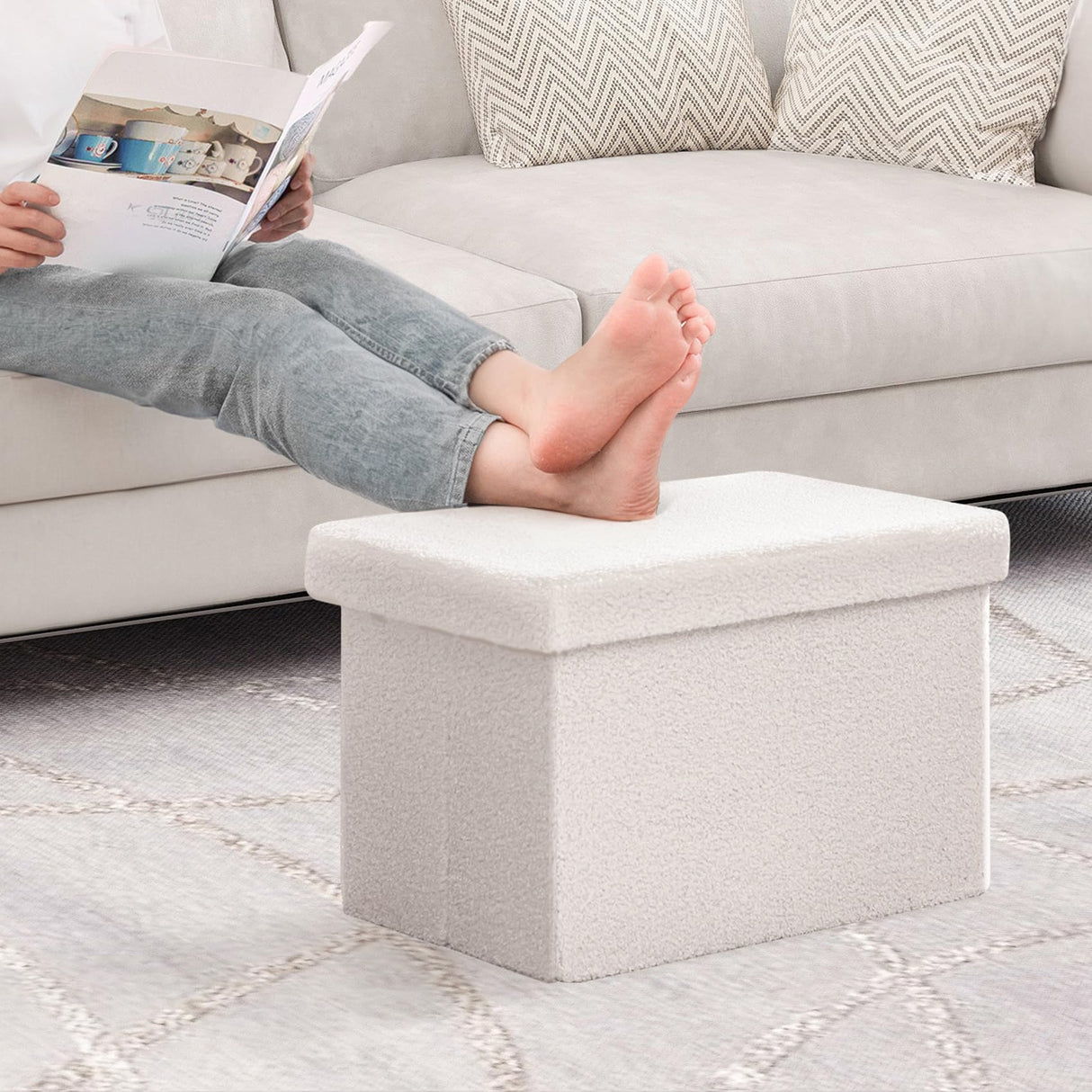 B FSOBEIIALEO Storage Ottoman Cube Small Sherpa Ottoman Foot Rest, Foldable Portable Boucle Ottomans, Faux Teddy Fur, White 16.5"x12.6"x12.6" B FSOBEIIALEO