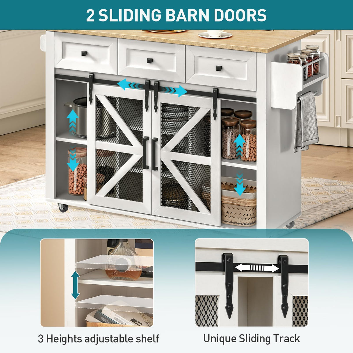 RALGEND Kitchen Island with Storage, Kitchen Cart with Charging Station, Rolling Kitchen Island Table with Drop-Leaf, 3 Drawers, Barn Doors, Towel Rack and Spice Rack, White and Natural RALGEND