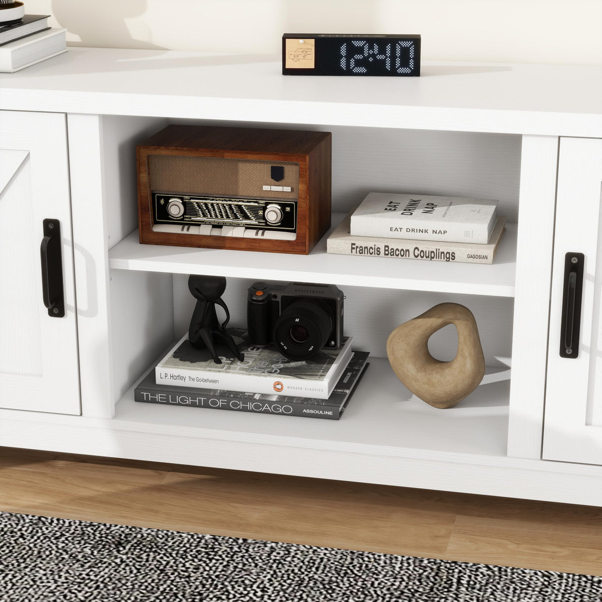 Panana Modern Farmhouse TV Stand for 65 inch TV, Entertainment Center with Storage and Open Shelves, Wood TV Stands TV Table Stand for Living Room, Bedroom (White, for 32"-65" TV) Panana