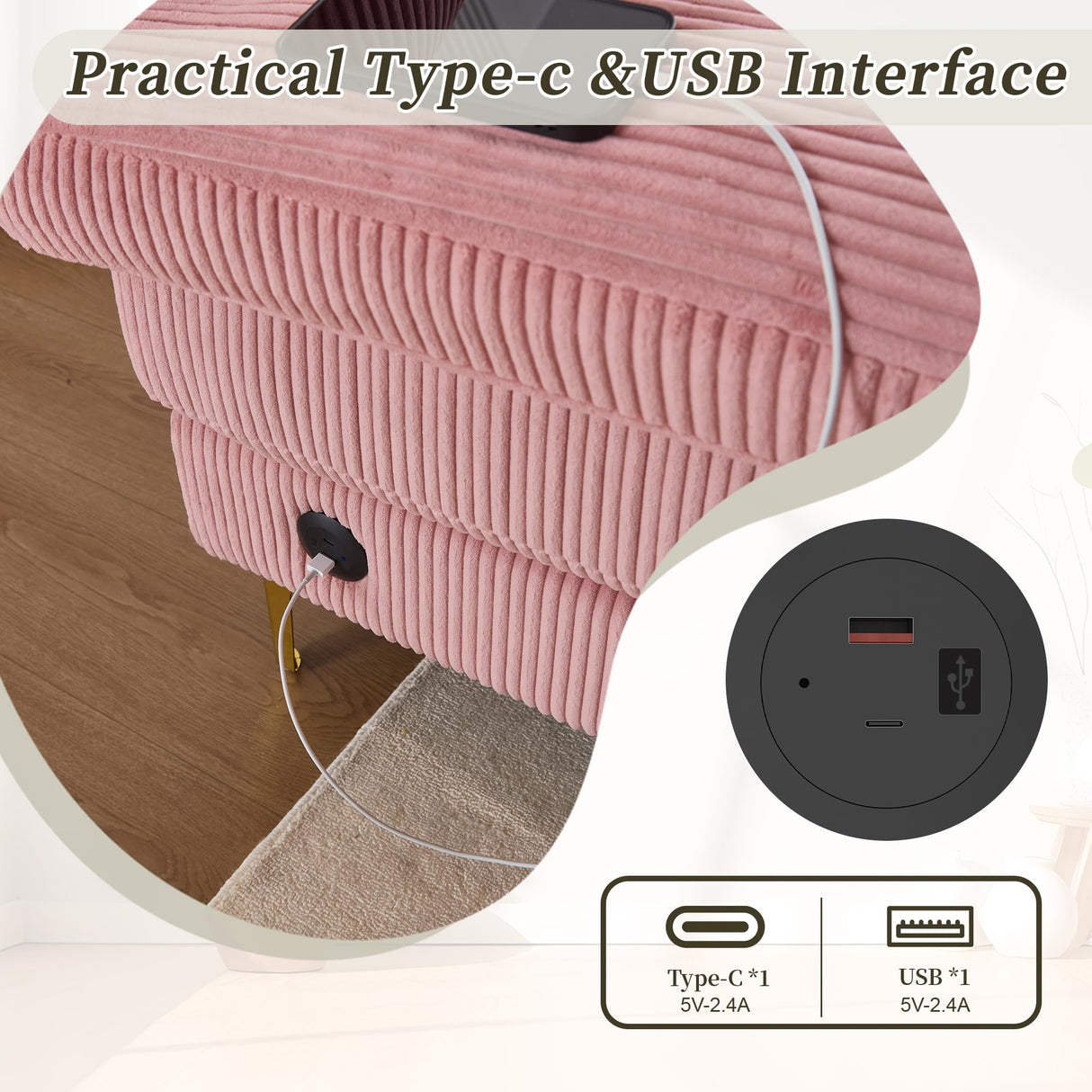 ZEIINPA U Shaped Sectional Sofa Couch for Living Room, 4 Seat Modern Corduroy Sofa with Double Chaise, USB and Lights, 104 inches(Pink Corduroy) ZEIINPA