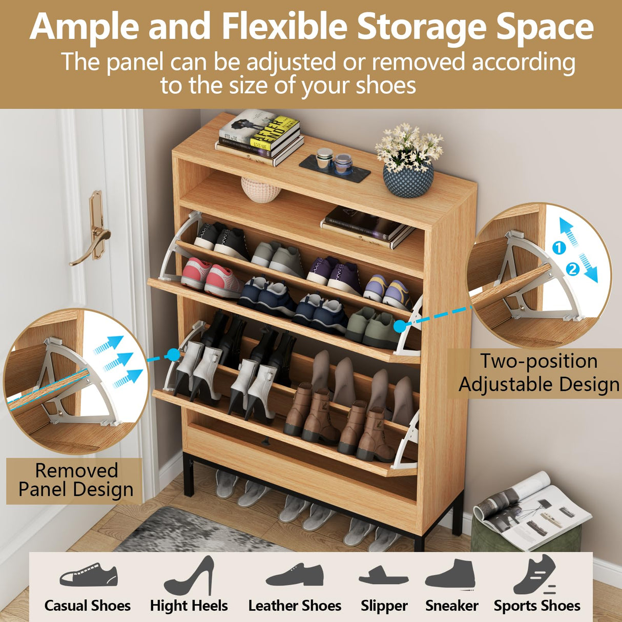 Gyfimoie Rattan Shoe Cabinet with 2 Flip Drawers, Free Standing Narrow Shoe Storage Organizer with Top Cubby, Slim Shoe Rack Cabinet for Entryway, Natural (Natural) Gyfimoie