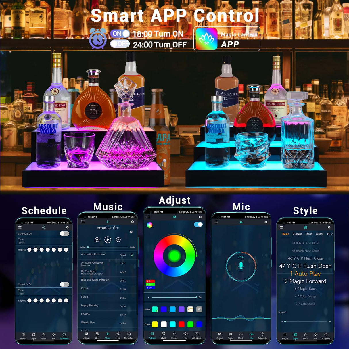 GOH&FTY LED Lighted Liquor Bottle Display Shelf,APP 16 inche 2Step LED Bar Shelves with Wireless Remote& Multicolor LED Light ,Bar Stand for Home Bar Accessories GOH&FTY