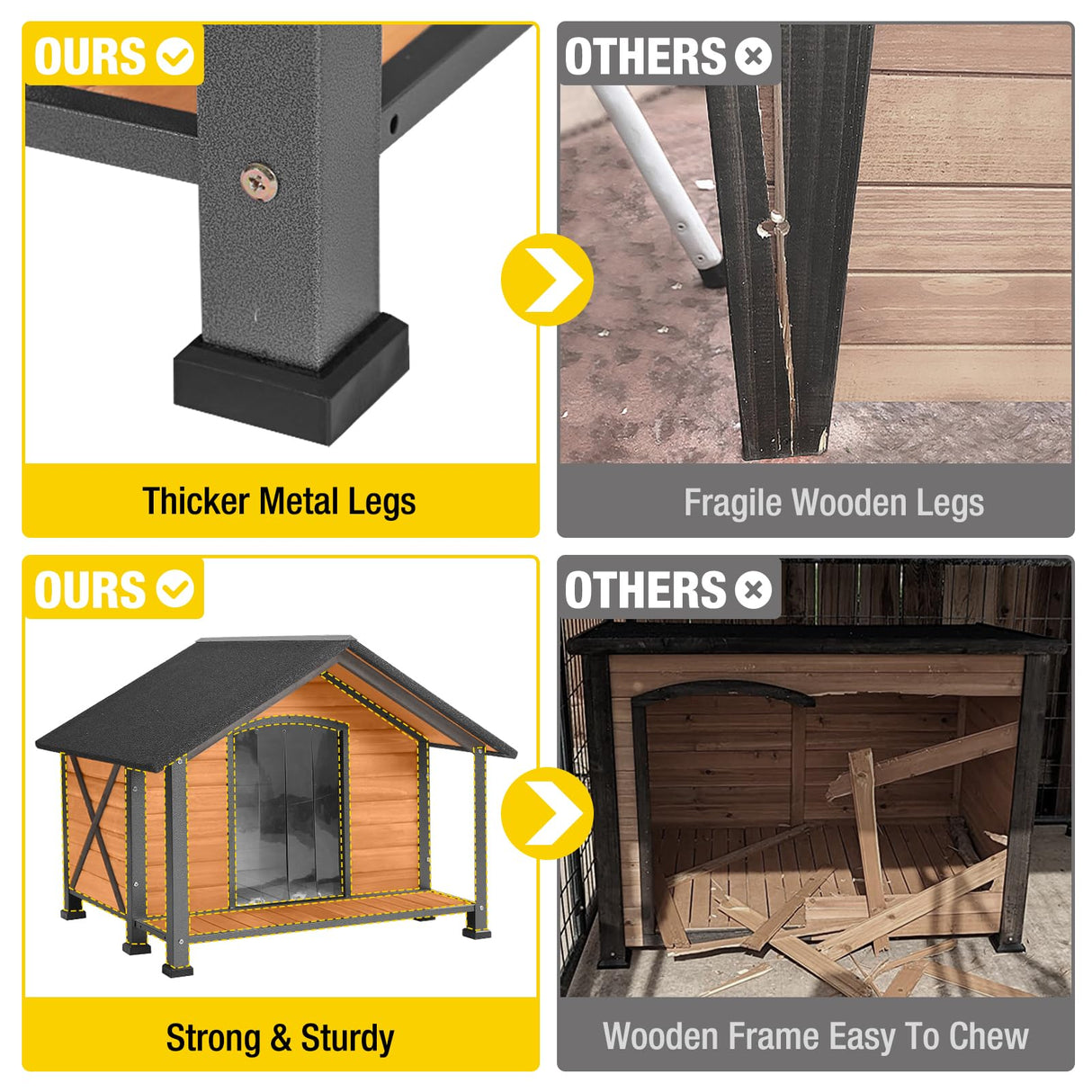 Aivituvin Dog House with Anti-Chewing Metal Frame Outdoor Large Wooden Dog Kennel Outside with Overhang Roof Large Porch Weatherproof Aivituvin