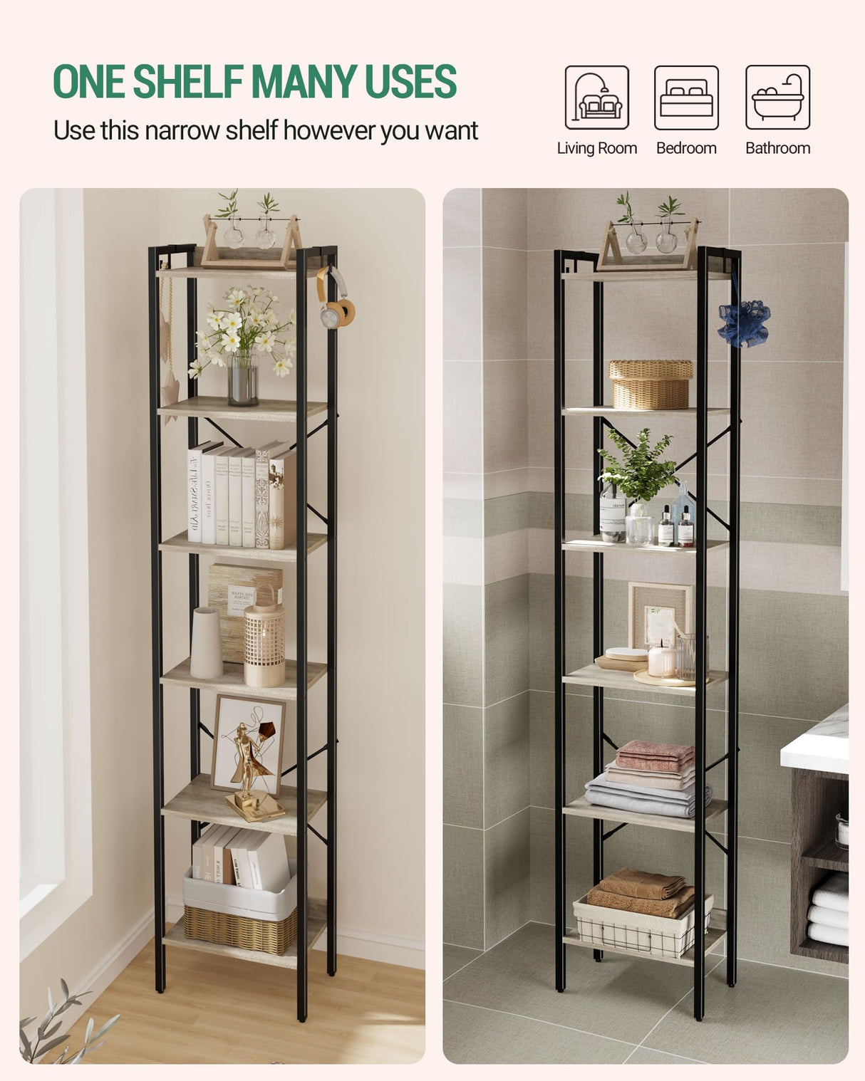 Hzuaneri Bookshelf, Book Shelf, Industrial Bookcase with 2 Hooks, Coner Shelf Storage Organizer for Home Office, Living Room, Bedroom, Kitchen, 6-Tier Greige BC10705B Hzuaneri