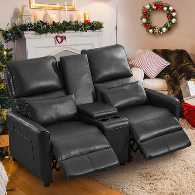Loveseat Recliner Sofa, Push Back Double Wall Hugger Reclining Sofa Chair with Console, 2 Seat Leather Home Theater Seating with Cup Holder, Manual Comfy RV Furniture Sofa for Living Room, Light Black