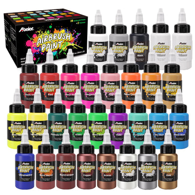 ABEIER Airbrush Paint, 28 Colors x 1oz (30ml) with 2 Thinner, Ready to Spray, Non-Toxic, Water-Based Acrylic Airbrush Paint Set for Metal, Models