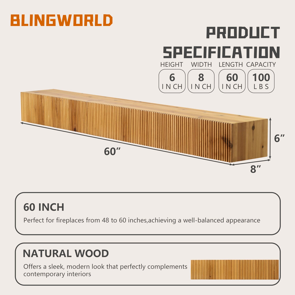 blingworld Fireplace Mantle, 60" Fluted Floating Mantel Shelf for Over Fireplace or Under TV, Rustic Handcrafted Wood Floating Shelves for Living Room Bedroom Kitchen Wall Decor, Natural blingworld