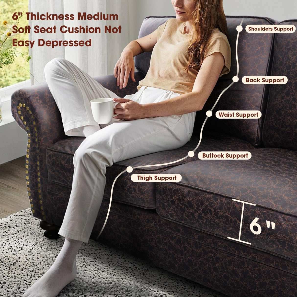 Couchus Mid-Century Vintage Sofa Couches with Rivet Design,loveseat Sofa,Removable Sofa Cover Upholstered Cushions and Solid Wood Frame (Brown, 3-Seater) Couchus