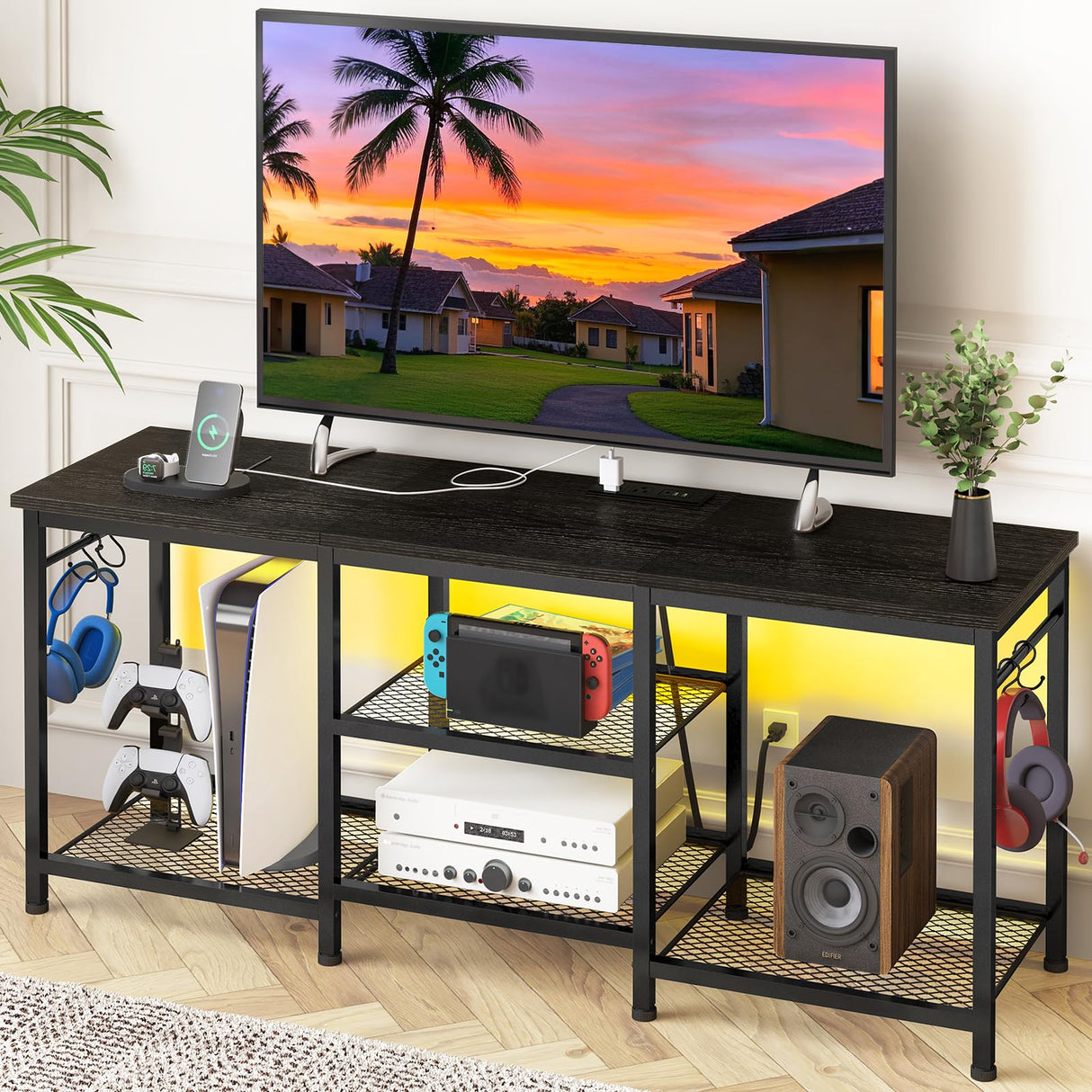 YGEOMER Black TV Stand Entertainment Center for 55 Inch TVs, with Charging Station and Lights Open Storage Shelves, TV Media Console, Open Storage Shelf with Sound Rack for Living Room, Bedroom YGEOMER