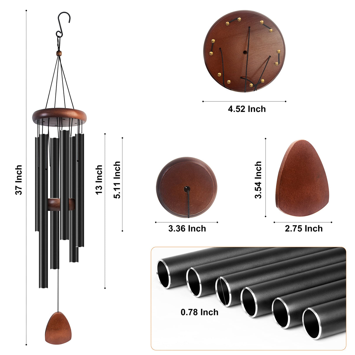 Bursvik Large Aluminium Wind Chimes 37" Inches to Create a Zen Atmosphere Suitable for Outdoor, Garden, Patio Decoration. Classic Black Wind Chimes with Wind Catcher Suitable as A Gift for Unisex Bursvik