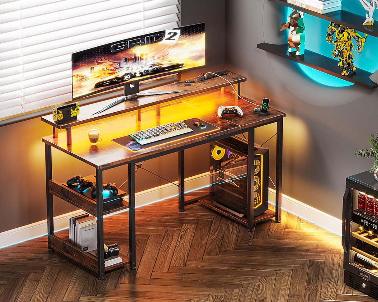 ODK 48 inch Gaming Desk with LED Lights & Power Outlets, Computer Desk with Monitor Stand & Storage Sheves, CPU Stand, Home Office Desk, Vintage ODK