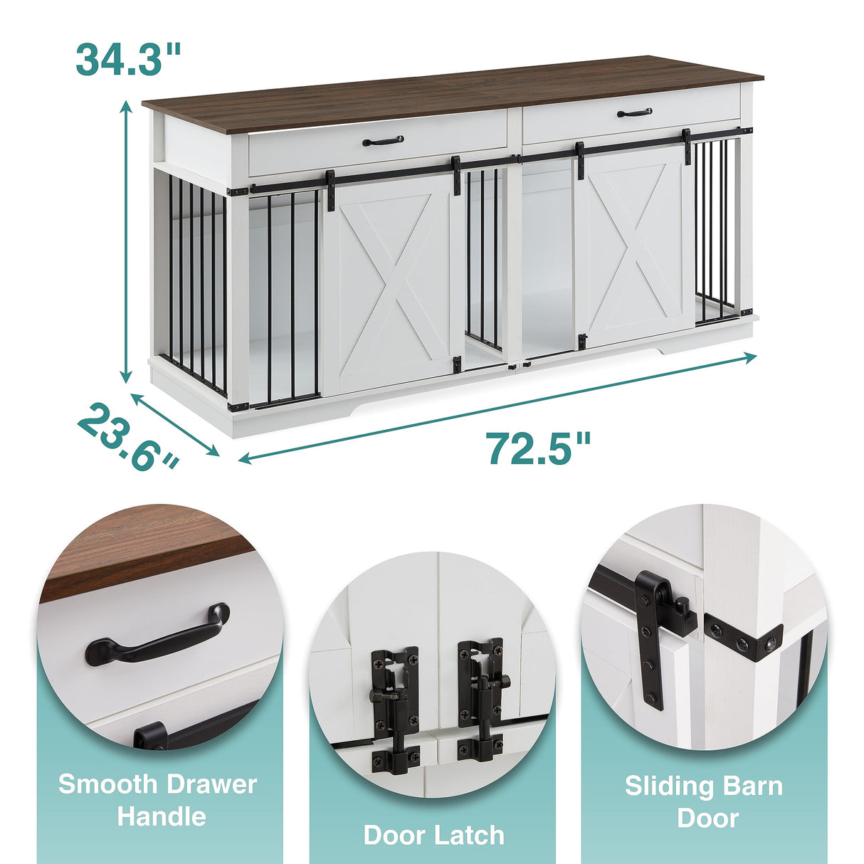 EDYO LIVING 72.5" Large Dog Crate Furniture for 2 Dogs, Wooden Dog Kennel with Drawers, Divider, Sliding Barn Door, Water Resistant Indoor Furniture Style Double Dog Crates, White EDYO LIVING