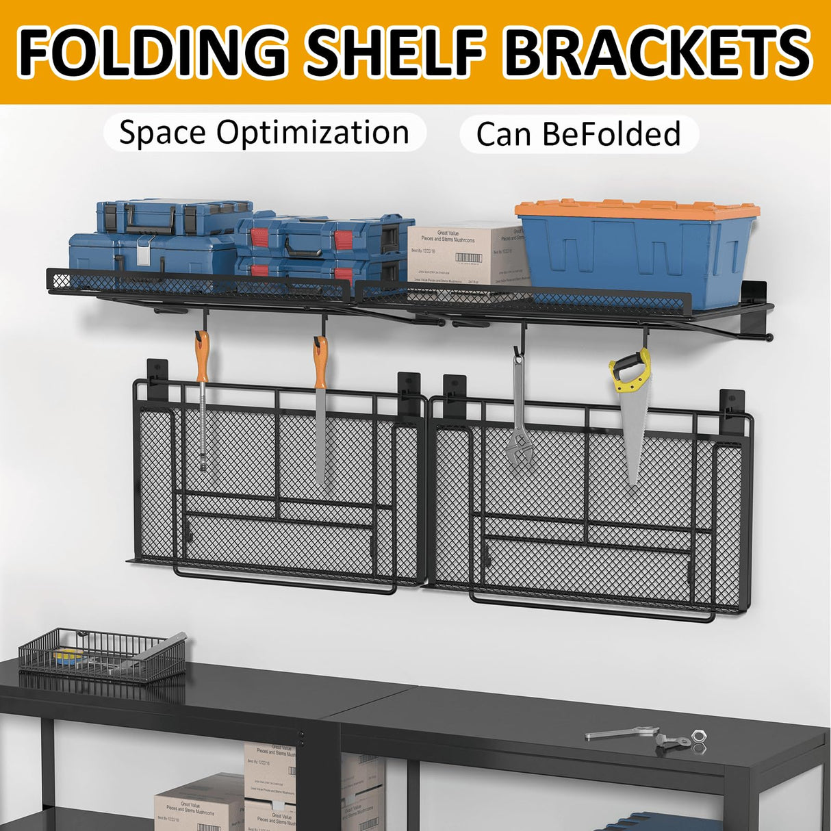 BABKAS 4 Pack Garage Wall Shelving, Metal Garage Wall Shelf with 8 Hooks, Heavy Duty Wall Shelves Mounted for Garage Storage, Laundry Room, Closet and Kitchen | Holds Up to 80 Lbs | 16.5" x 12.2" BABKAS