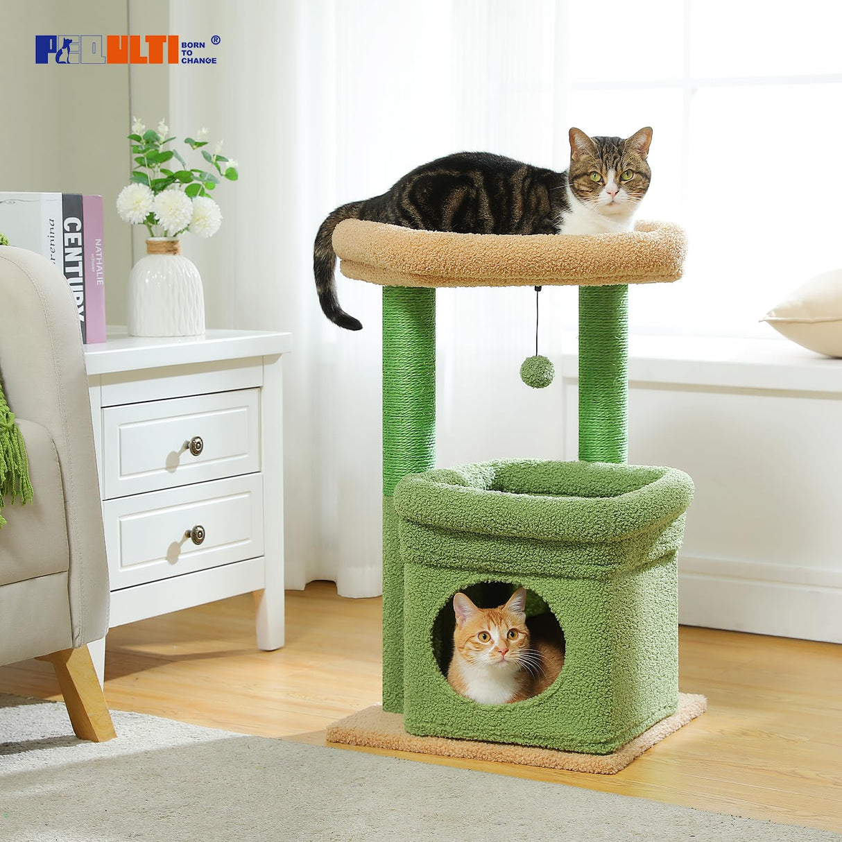 PEQULTI Cat Tree Cactus Cat Tower for Indoor Cats with Private Cozy Cat Condo, Natural Sisal Scratching Posts and Plush Pom-pom for Small Cats Green PEQULTI